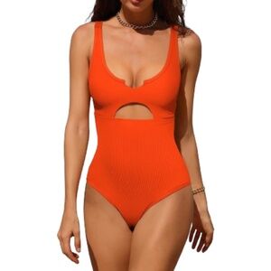 Women’s Orange Ribbed Cutout Scoop One Piece Bathing Suit